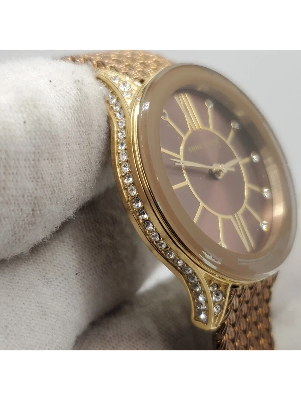 Ann Klein Gold Tone Rhinestone Case Watch Women 30mm New Battery
